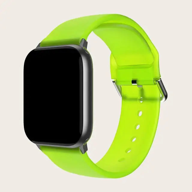 Neon Green Apple Watch band with buckle and adjustment holes.