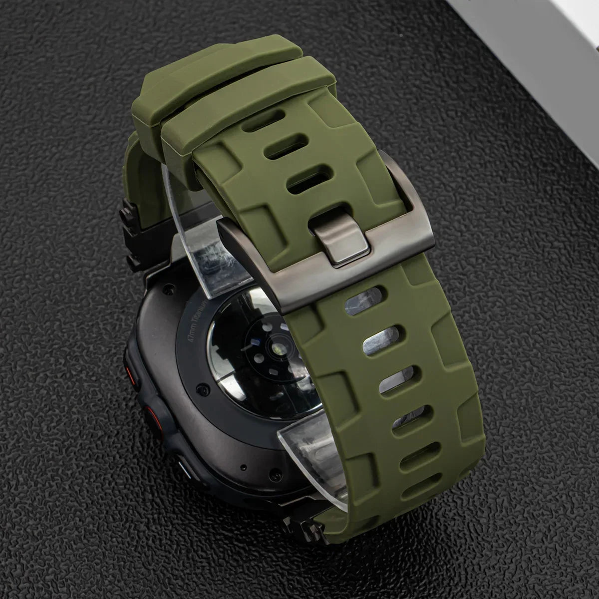 Samsung Galaxy Silicone Sport Watch Band - Ultra/Ultra2 No Gaps in olive green with metal clasp and gap-free design.
