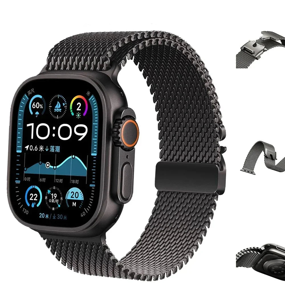 Black Milanese mesh band with clasp detail previews for Apple Watch