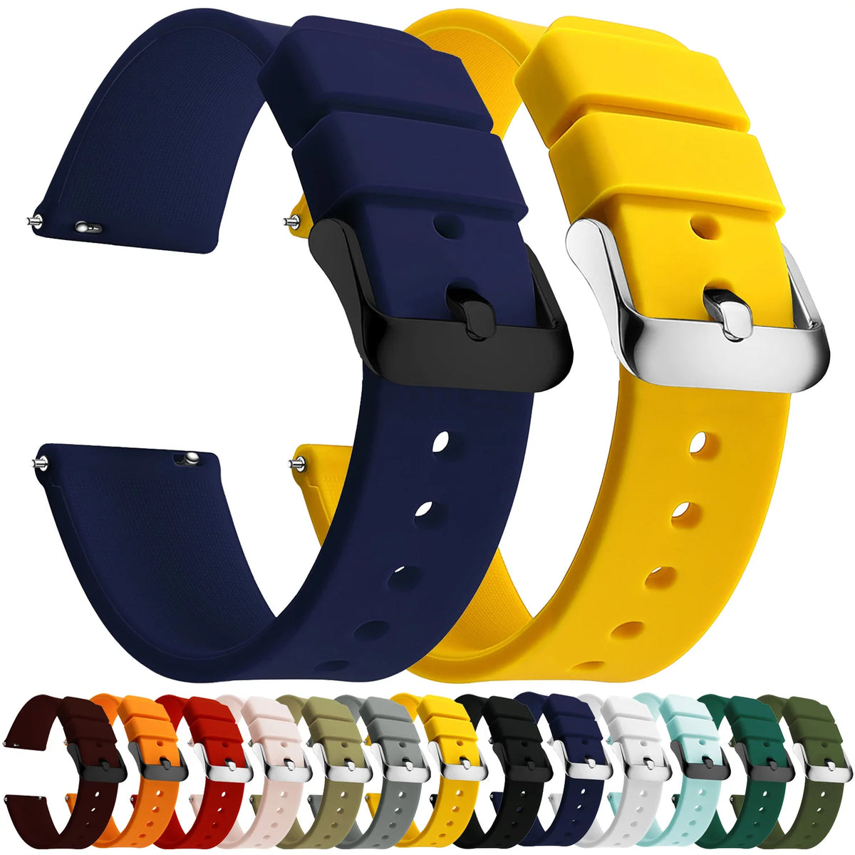 Garmin Curved-End Silicone Band in navy blue and yellow with color swatches