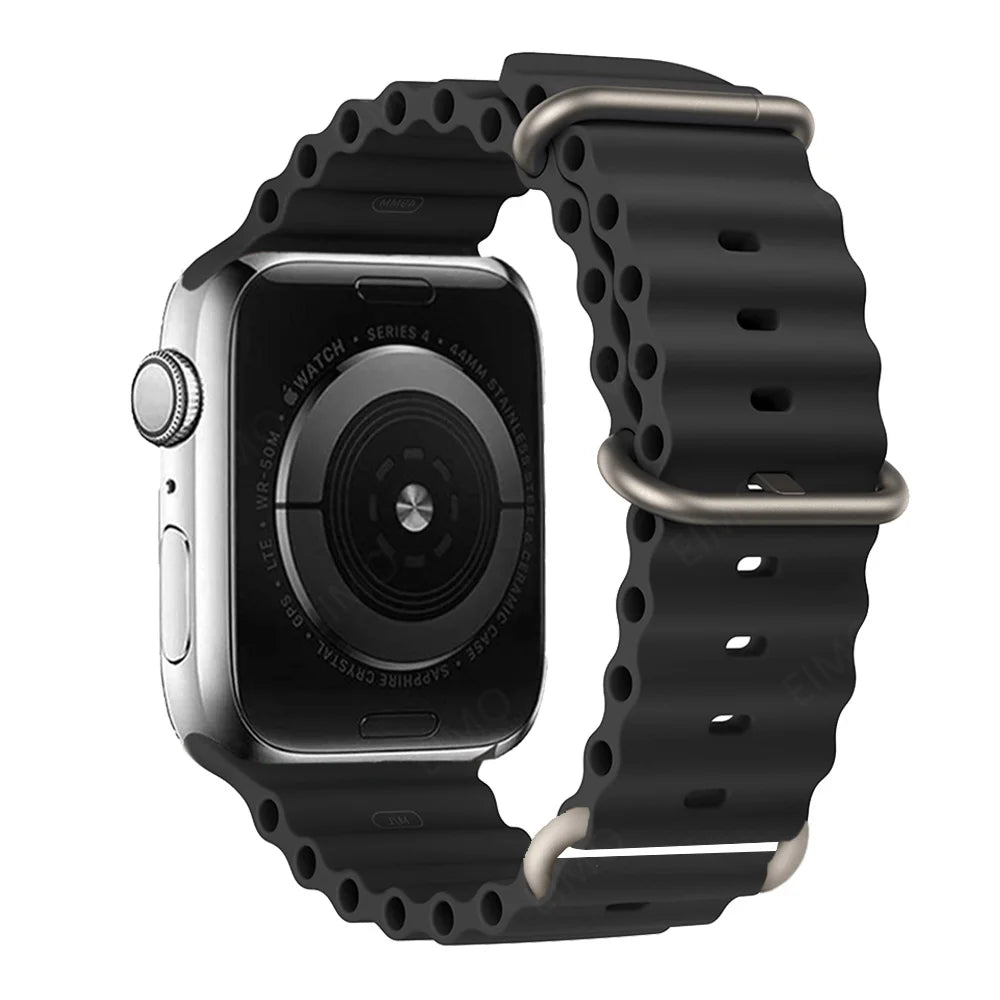 Ribbed Silicone Apple Watch Band with Adjustable Metal Loop in Black