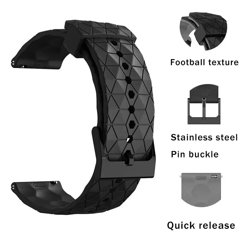 OnePlus Smartwatch Silicone Watch Band Football Pattern Quick Release Straps with textured design and stainless steel pin buckle.