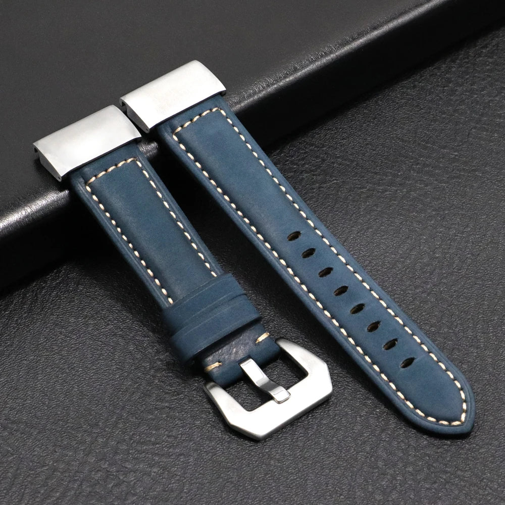 Garmin QuickFit Stitched Leather Buckle Band in Blue / Silver