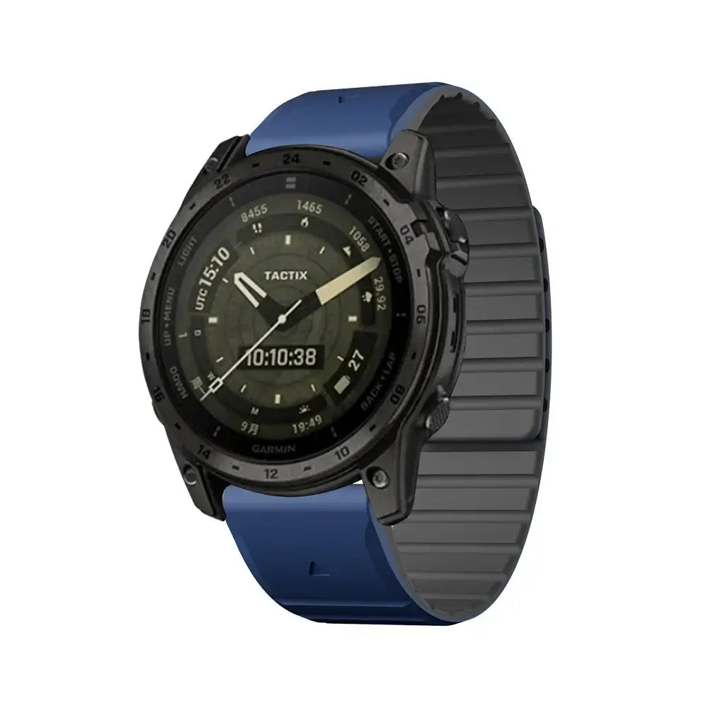 Garmin QuickFit Magnetic Silicone Wrap Band navy and black band shown on a watch