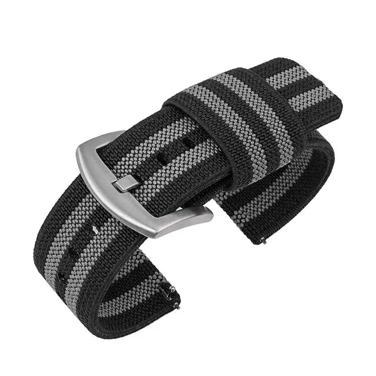 Woven Nylon Band with Fabric Keepers in Black / Gray Stripes / Silver Buckle for compatible Huawei watches