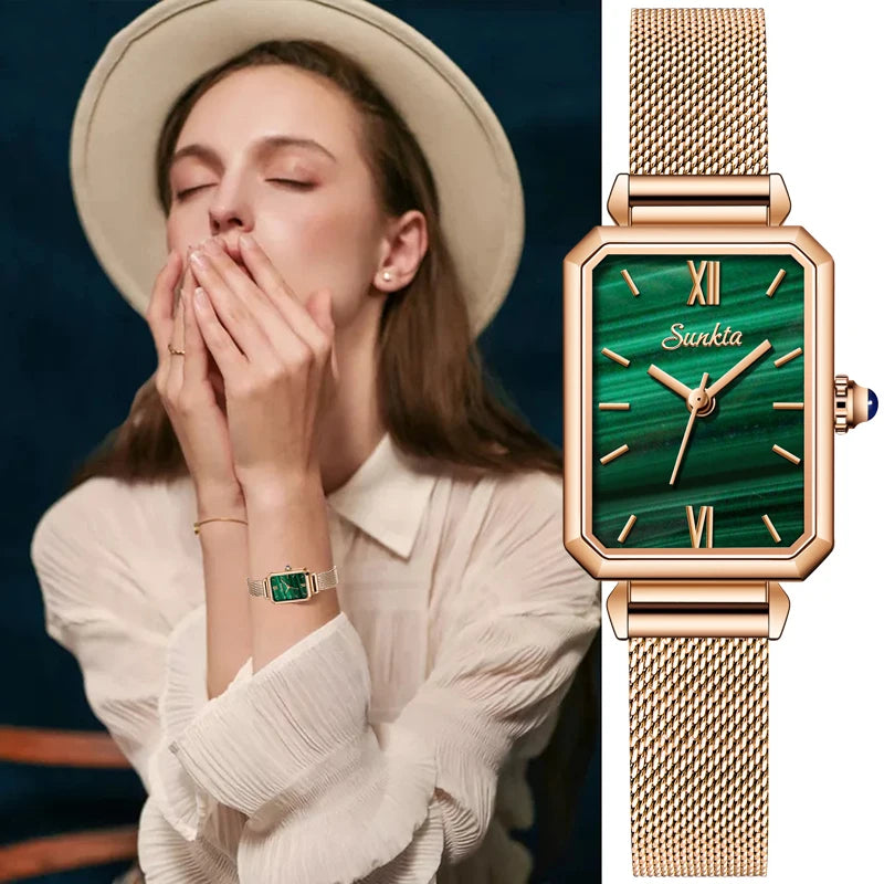 Women's Rectangular Quartz Watch with Mesh Band — Green dial watch styling