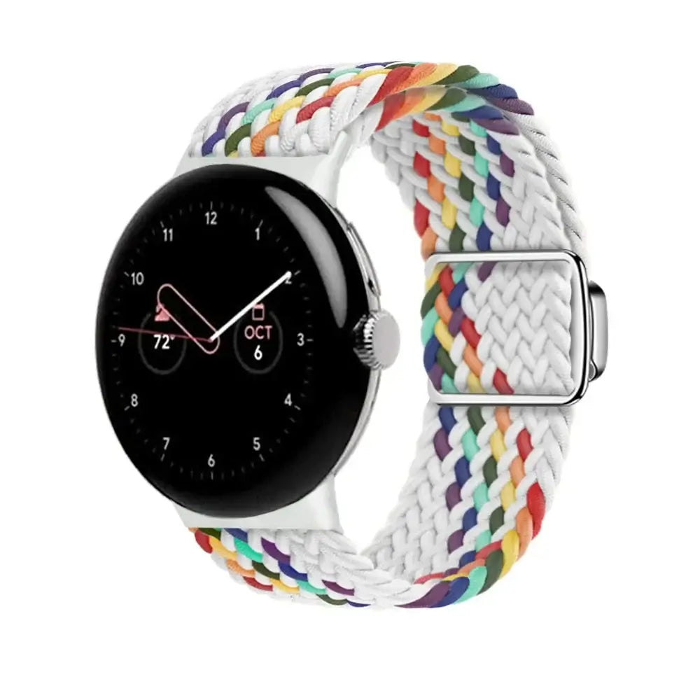 Stretch Braided Google Pixel Watch Loop with Metal Slider in White / Rainbow Stripe