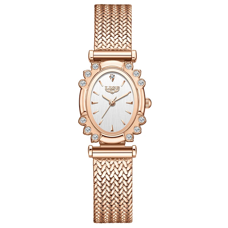 Women's Oval Crystal Bezel Mesh Watch — Rose Gold Tone / White Dial — BandsCo Straps