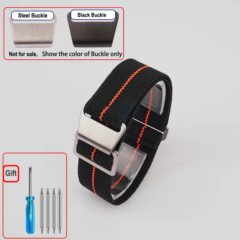 OnePlus Smartwatch Bands Nylon Elastic Parachute Fabric Watch Strap with steel buckle and orange stitching.