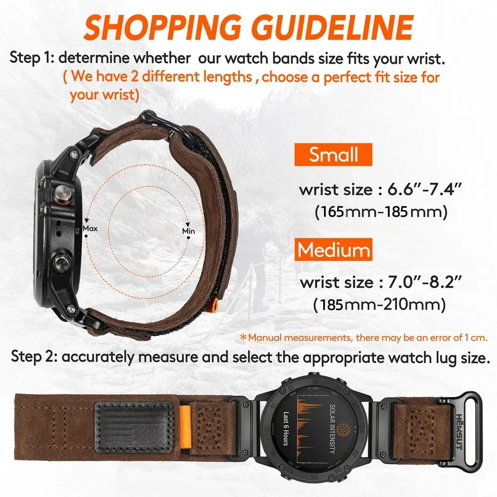 Garmin QuickFit Leather Hook-and-Loop Band wrist sizing guide