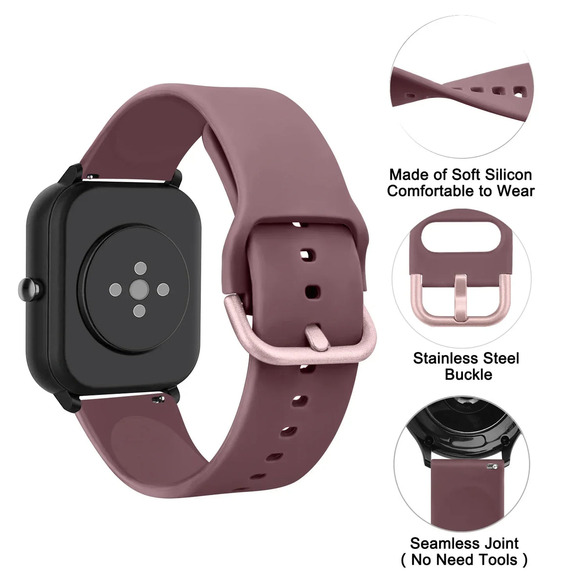 Motorola Moto Silicone Watch Band with Matching Buckle — Smoky mauve band and buckle details