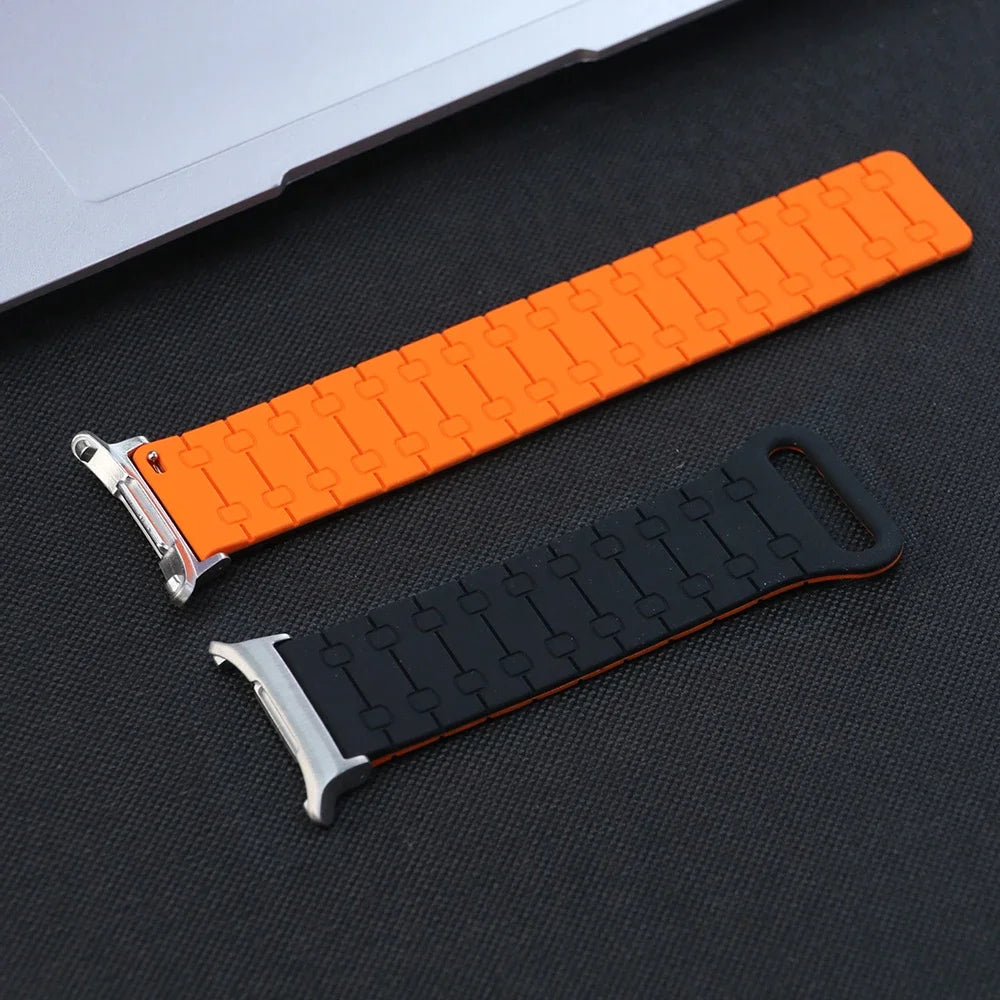 Samsung Galaxy Silicone Link Watch Band – Magnetic for Ultra/Ultra2/Watch8/Watch8 Classic/Watch9 in S-black orange color.