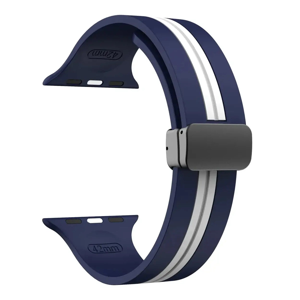 Navy / White - Black Clasp striped silicone Apple Watch band with magnetic clasp