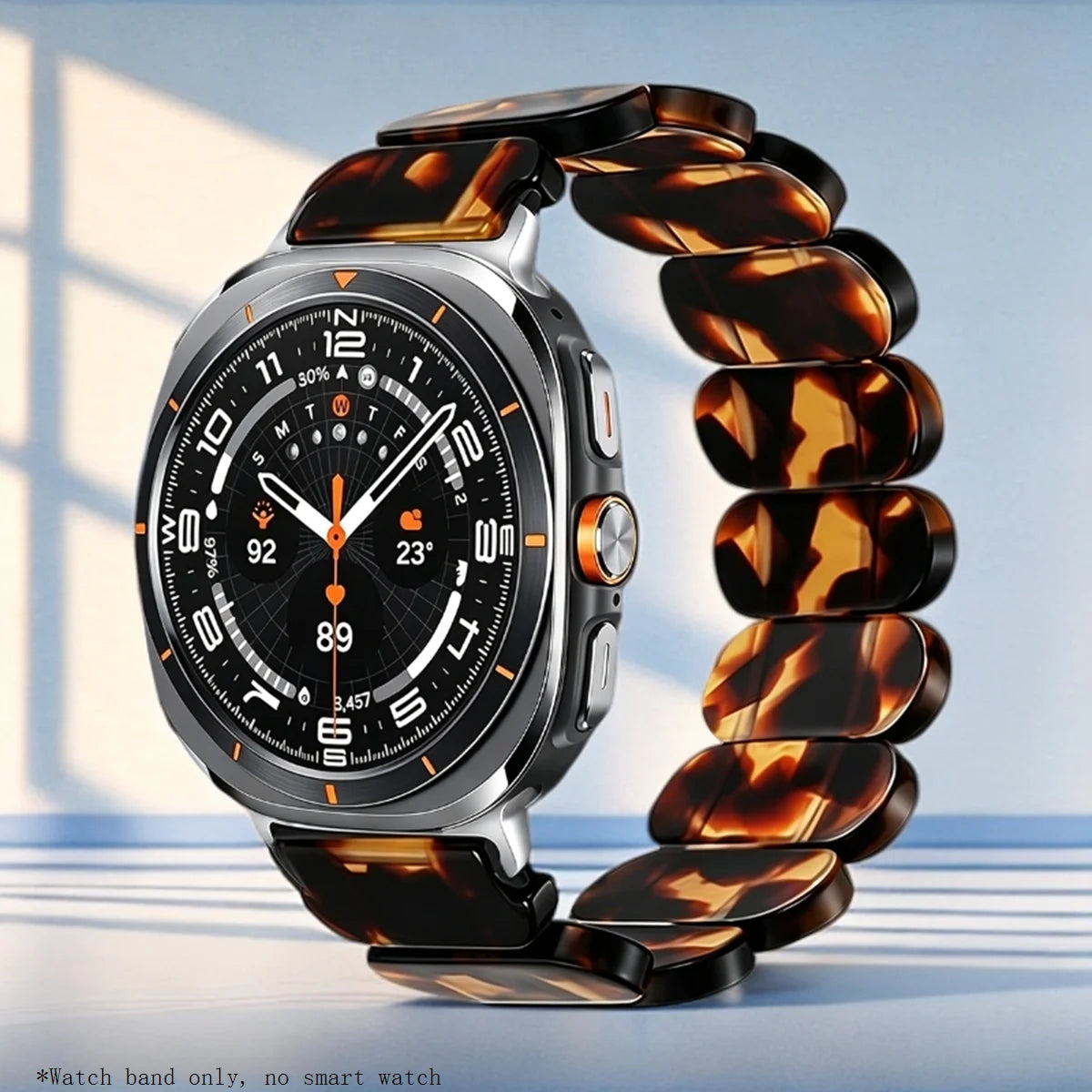 Samsung Galaxy Resin Link Watch Band – Metal Connector Watch8/Watch8 Classic/Watch9 in Hawksbill Turtle color, showcasing stylish design.