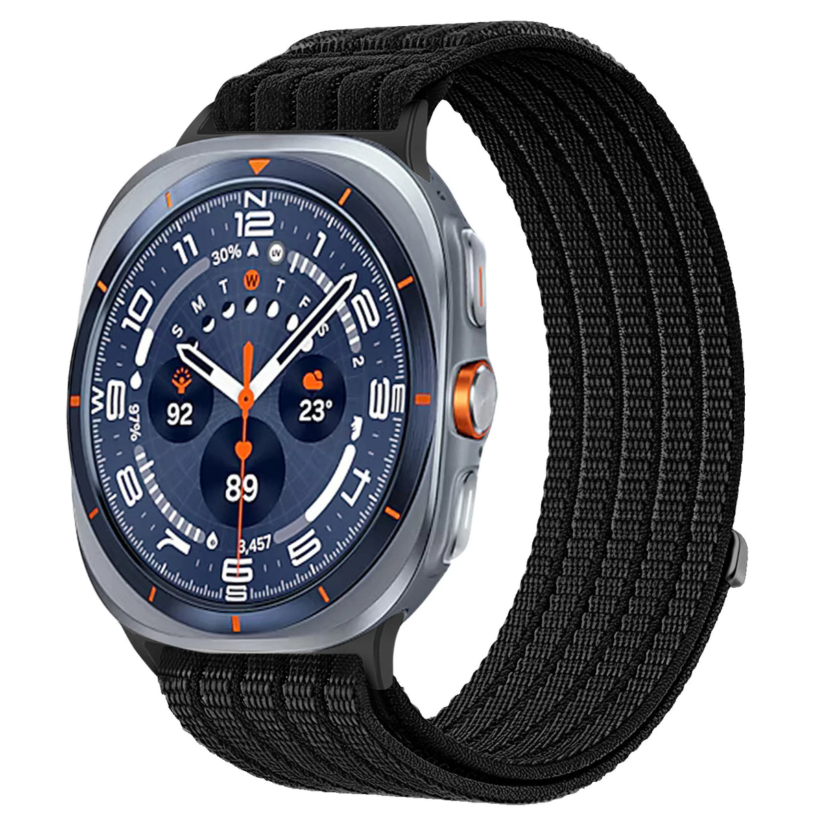 Samsung Galaxy Sport Nylon Woven Loop Watch Band – Watch8/Watch8 Classic/Watch9/Ultra/Ultra2 in black with breathable design.