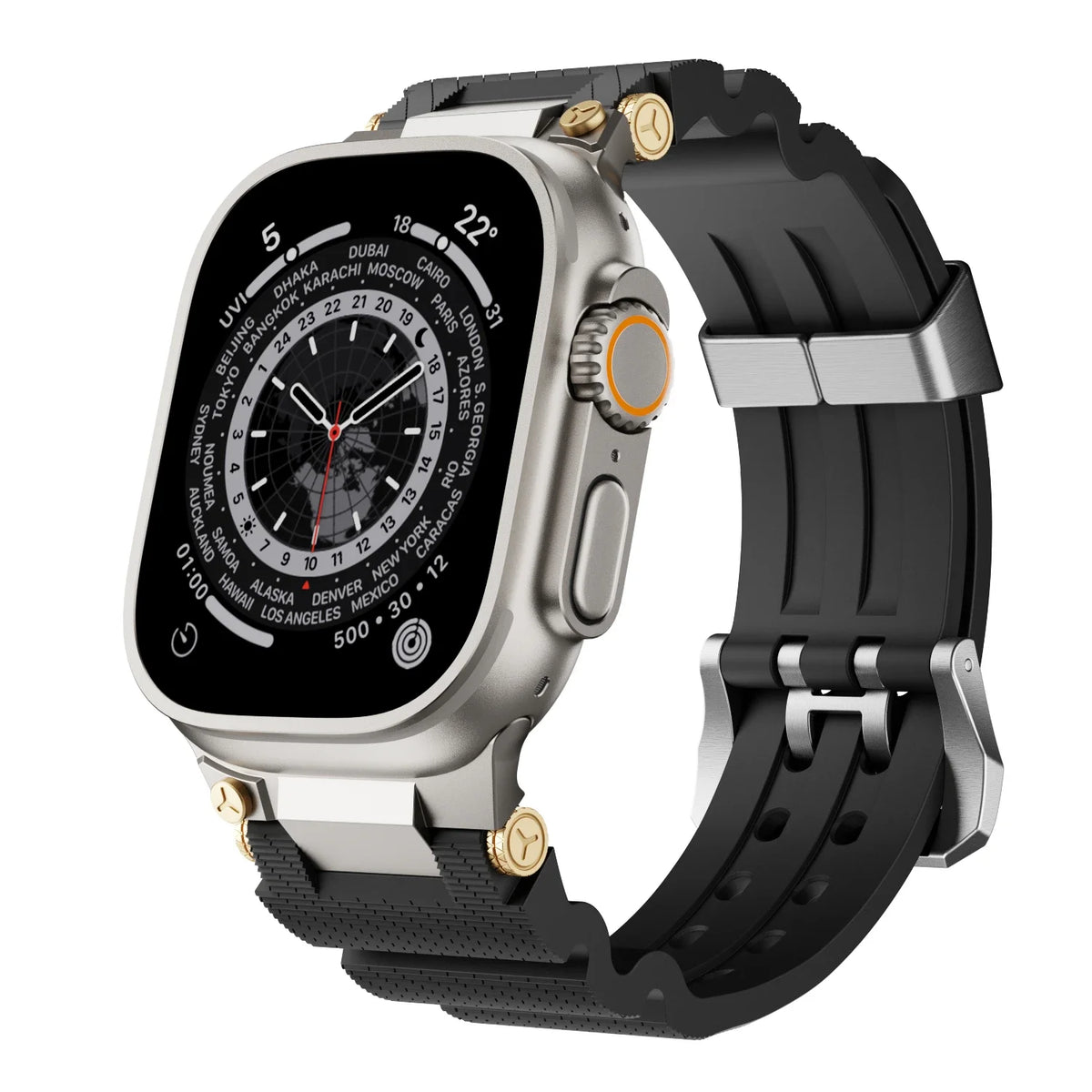 Textured Silicone Apple Watch Band with Double-Prong Buckle in Titanium Tone / Black