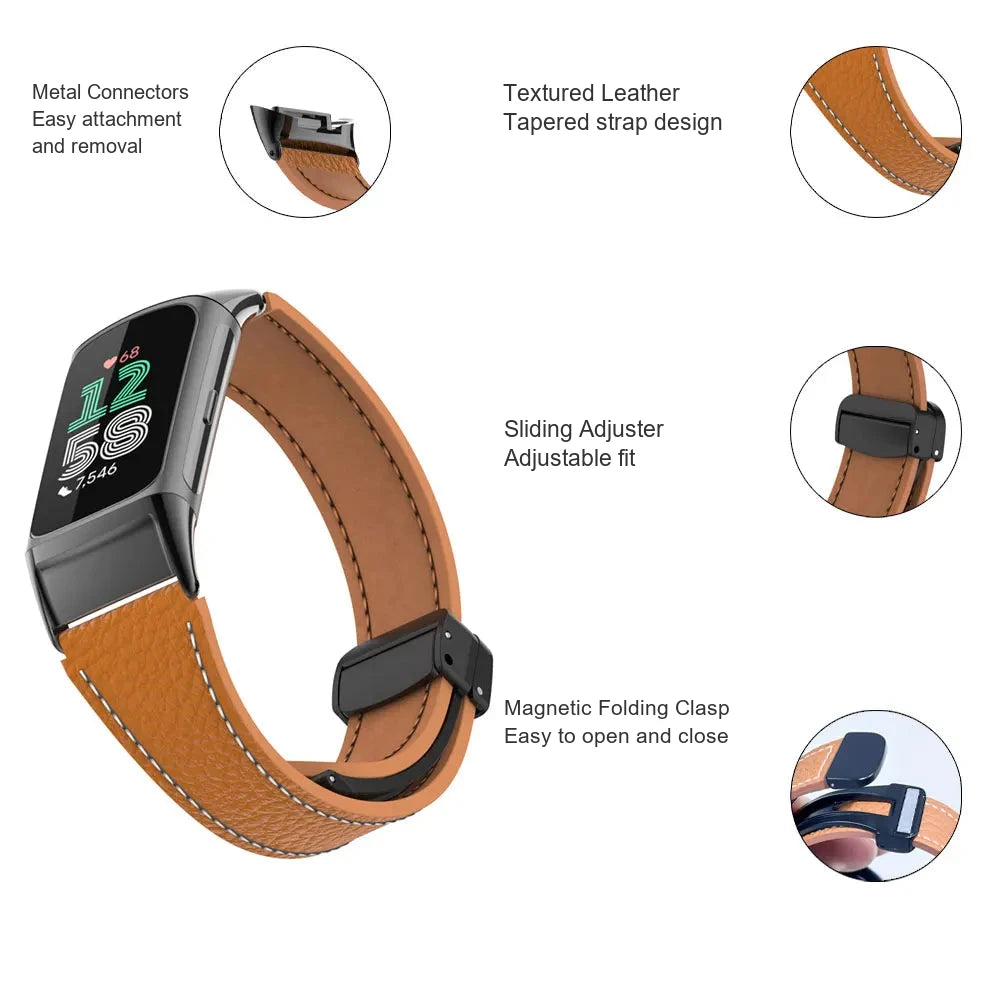 Fitbit Charge 5 and 6 Leather Band with Magnetic Folding Clasp — product detail
