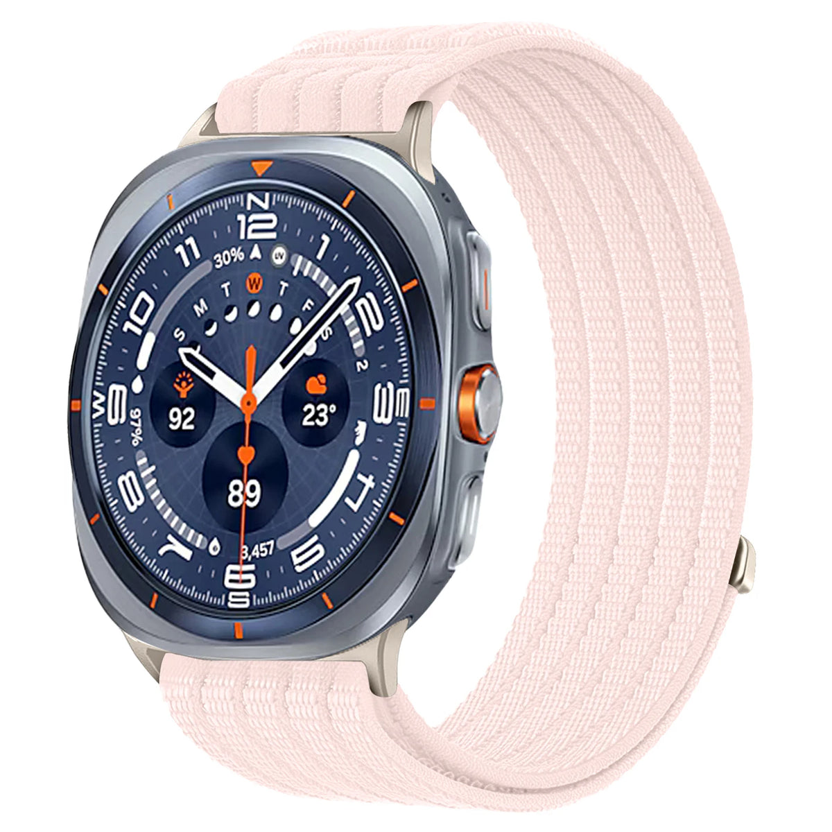 Samsung Galaxy Sport Nylon Woven Loop Watch Band – Watch8/Watch8 Classic/Watch9/Ultra/Ultra2 in pink color on smartwatch.