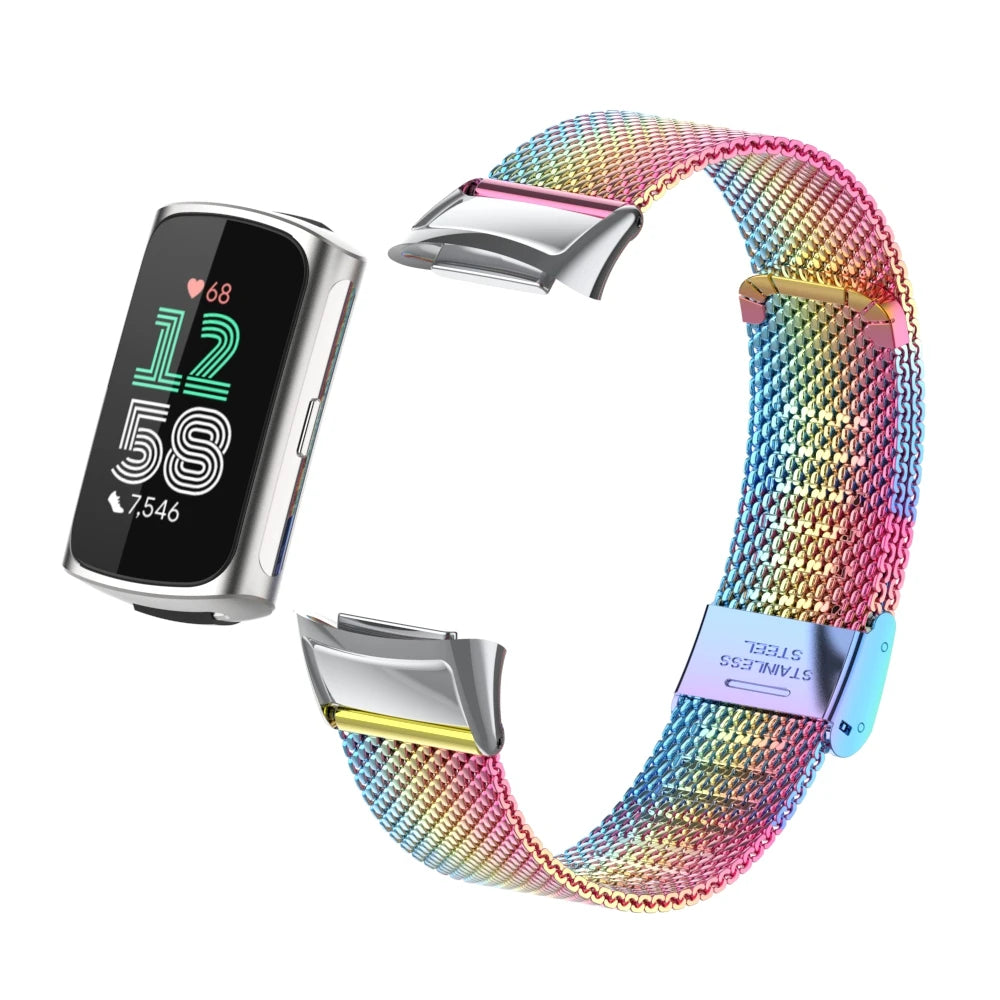 Rainbow Fitbit Charge 5 and 6 Stainless Steel Mesh Band with Clasp
