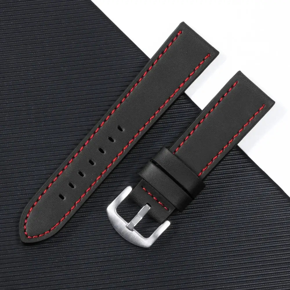 Suunto Leather Band with Stitching Options - Black / Red Stitching with silver buckle