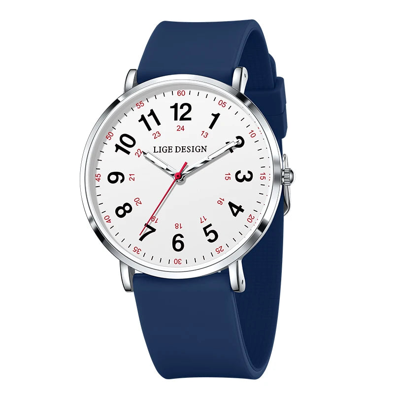 Women's Arabic Numeral Silicone Quartz Watch — Navy Blue / Silver Tone / White Dial — BandsCo Straps