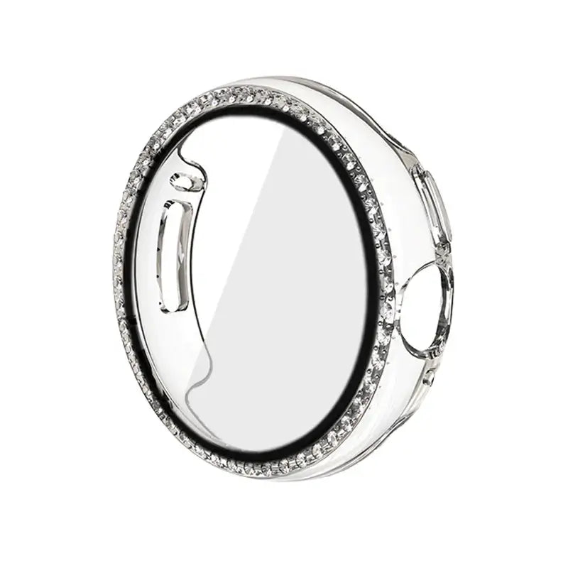 Bedazzled case for Google Pixel Watch with clear design and sparkling rhinestones, enhancing style and protection.