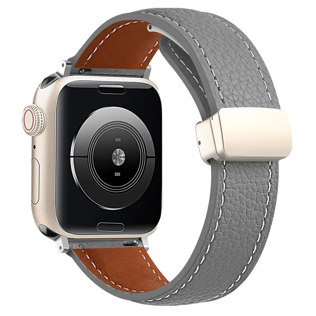 Stitched leather Apple Watch band in Gray, with silver-tone folding clasp.