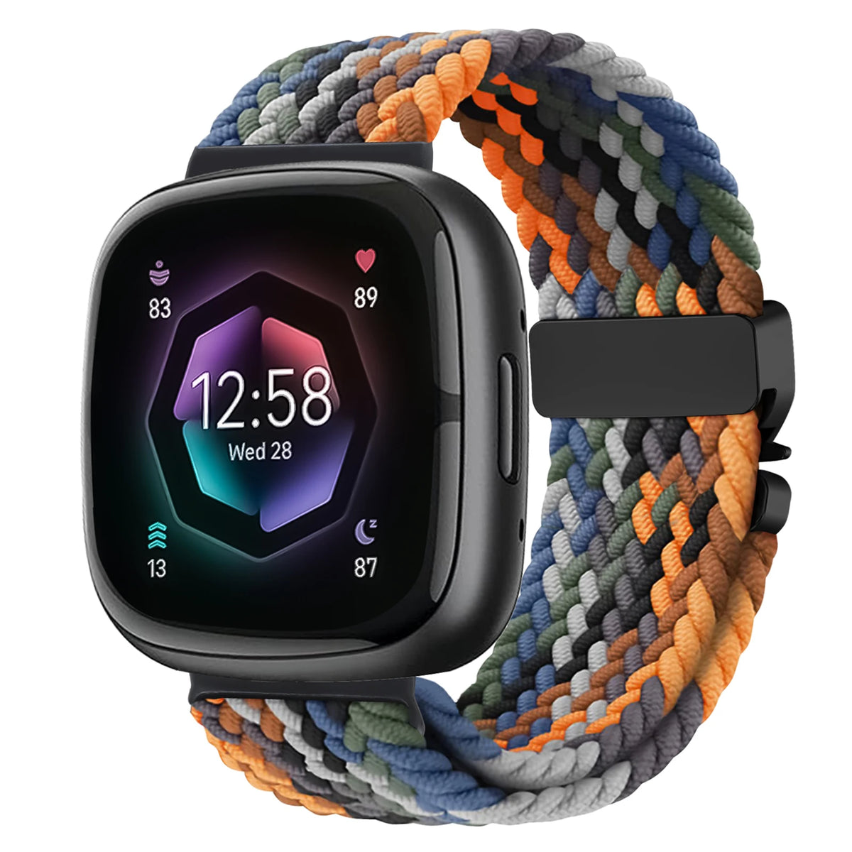Orange / Blue Mix Fitbit Versa 4, Versa 3, Sense 2 and Sense Braided Band, Parachute Clip