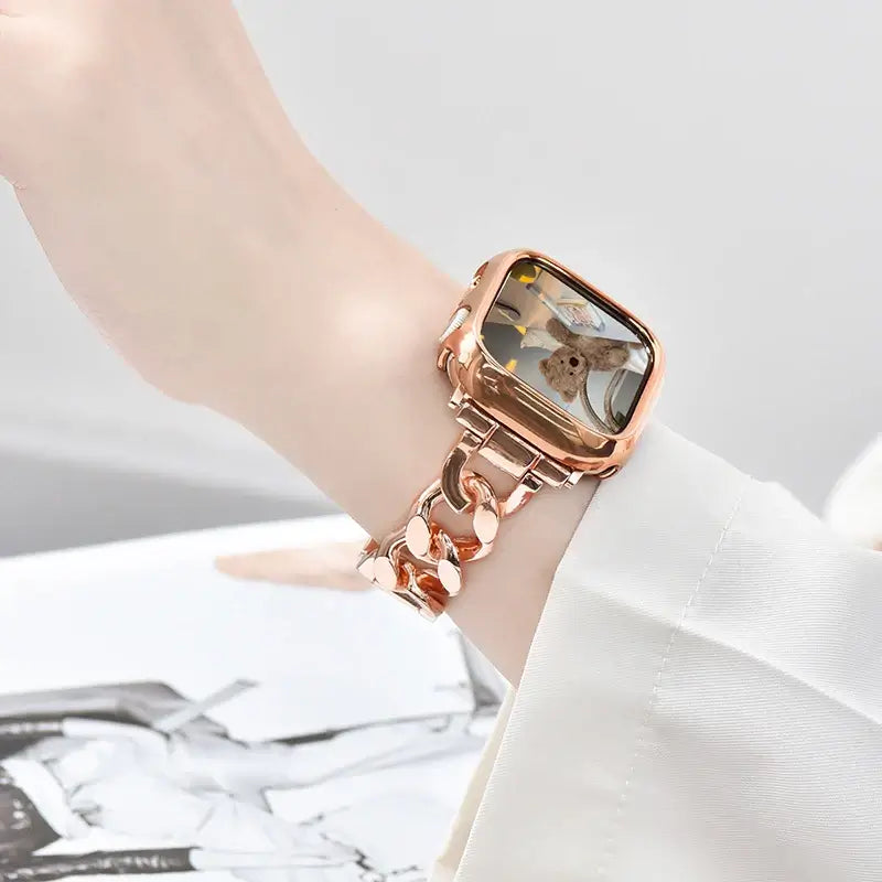 Rose Gold Apple Watch chain bracelet worn on wrist