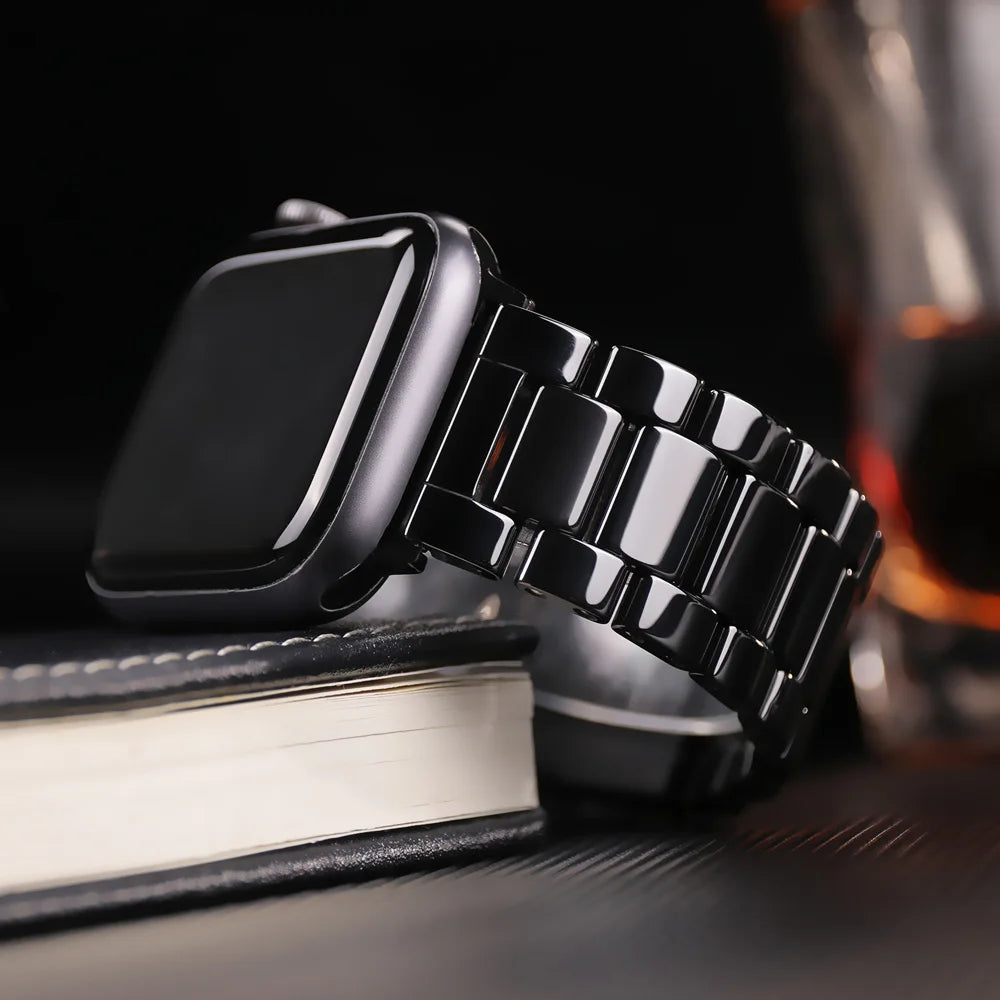 Ceramic Apple Watch Bracelet Band - Flat & Three-Row Links in Black / Three-Row Links