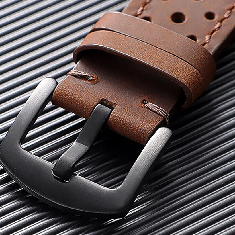 OnePlus Watch Band Quick Release Leather Strap Vintage Brown Wristband close-up with black buckle on textured surface.