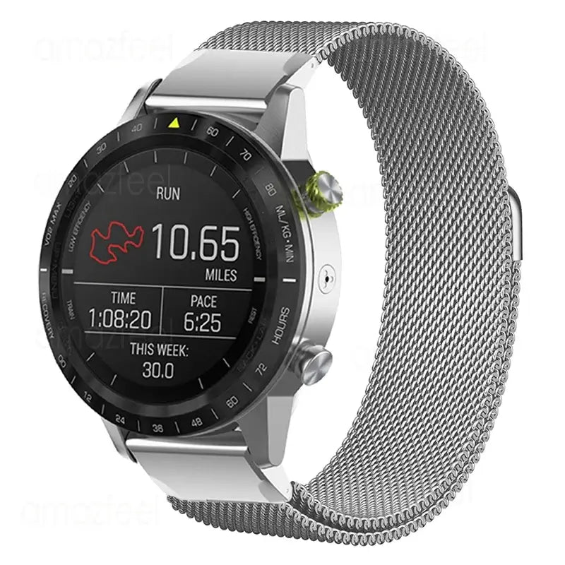 Garmin QuickFit Magnetic Milanese Mesh Band in Silver shown on a watch