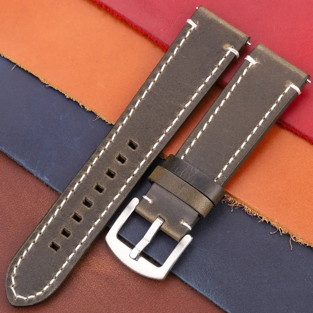 Suunto Contrast-Stitched Leather Buckle Band - Olive Gray / Silver Buckle