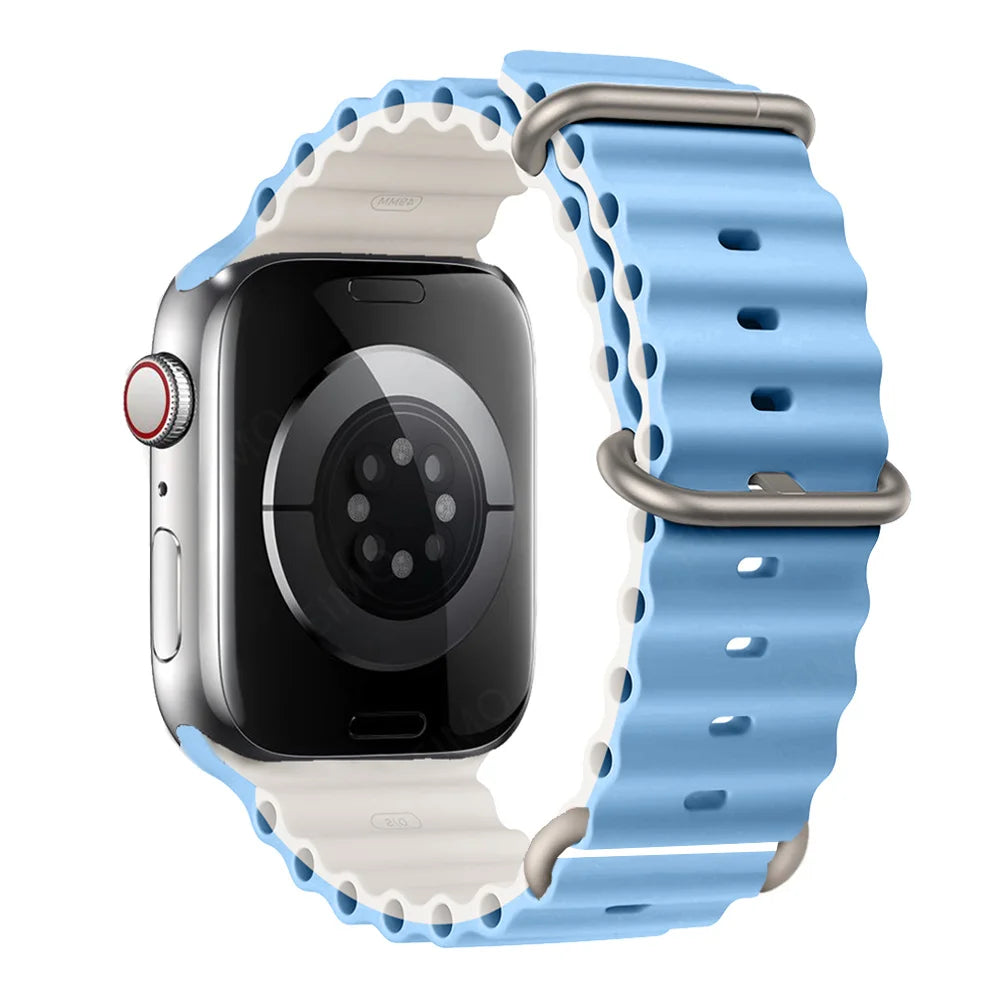 Ribbed Silicone Apple Watch Band with Adjustable Metal Loop in Sky Blue / Ivory