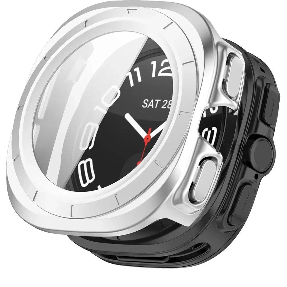 Samsung Galaxy Ultra/Ultra2 Silicone Sport Watch Band - Acrylic Case with silver protective cover and clear dial.