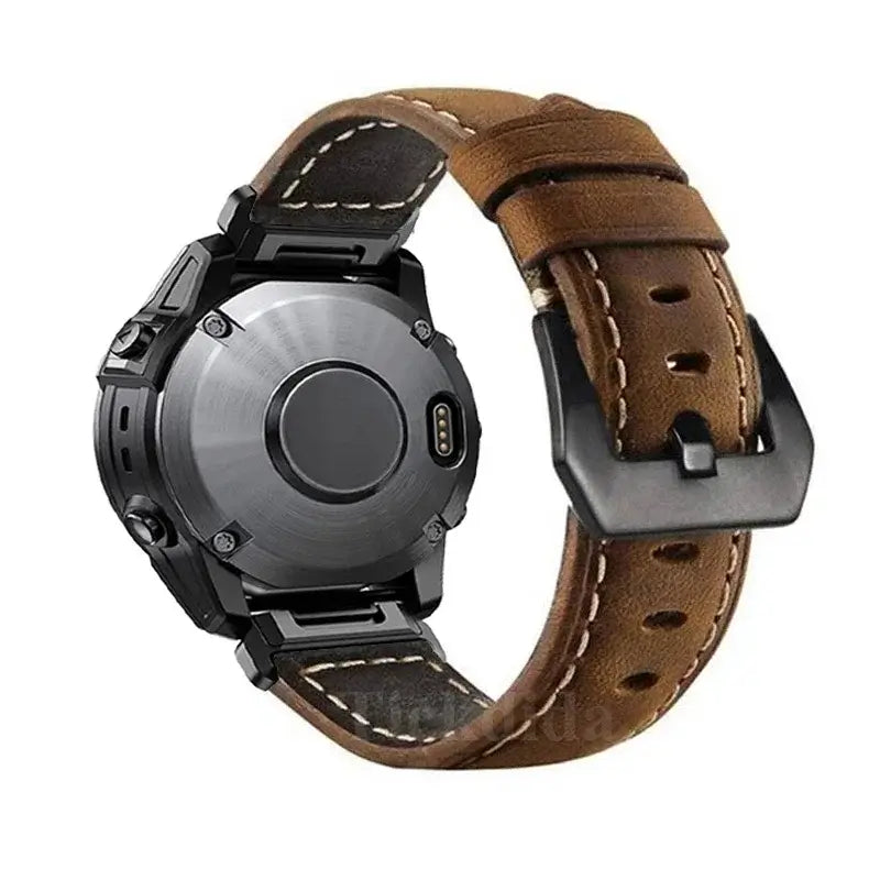 Garmin QuickFit Contrast-Stitch Leather Band brown band shown from the underside of a watch