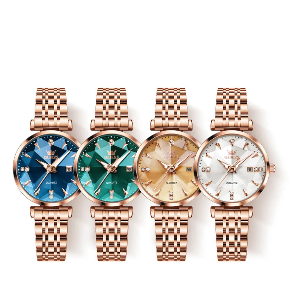 Women's Rose Gold-Tone Faceted Dial Quartz Watch — Four dial color options