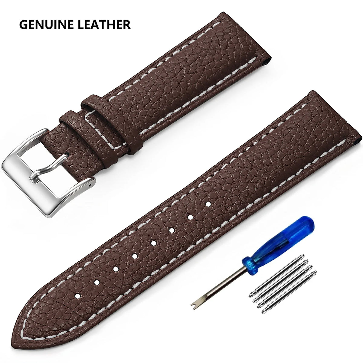 Garmin Grained Leather Band in Dark Brown with White Stitching and Silver Buckle