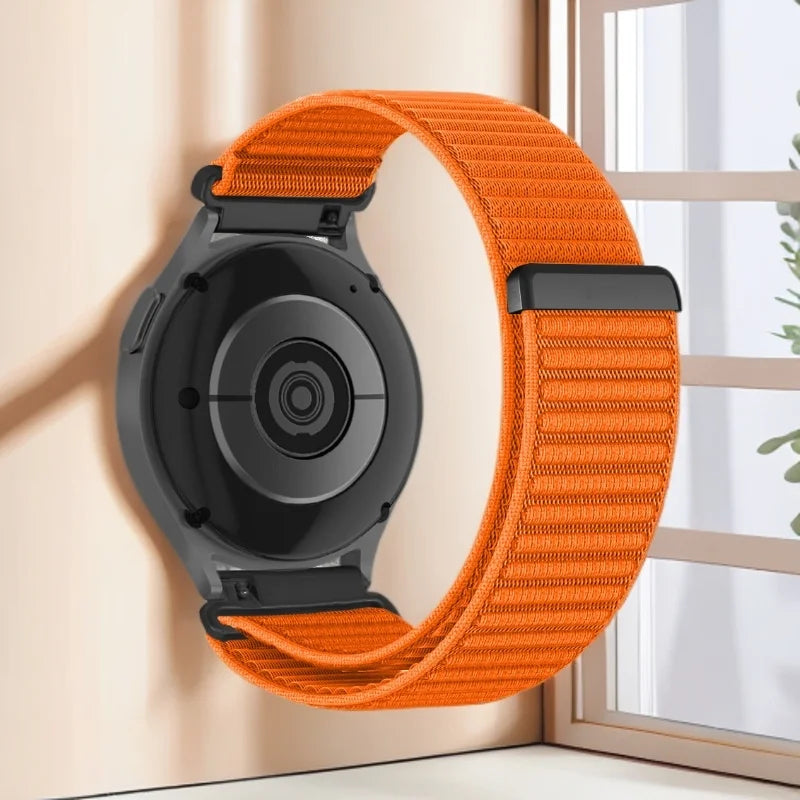 OnePlus Smartwatch Nylon Band Adjustable Velcro Sport Strap Bracelet in orange color, showcasing its soft elastic fabric design.
