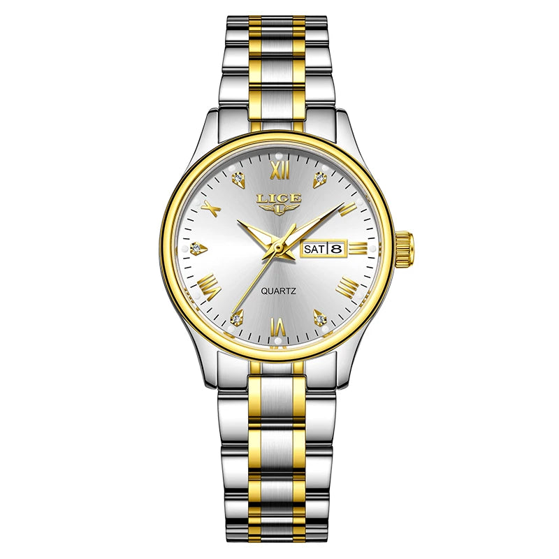Women's 29mm Day-Date Quartz Bracelet Watch — Silver & Gold Tone / White Dial