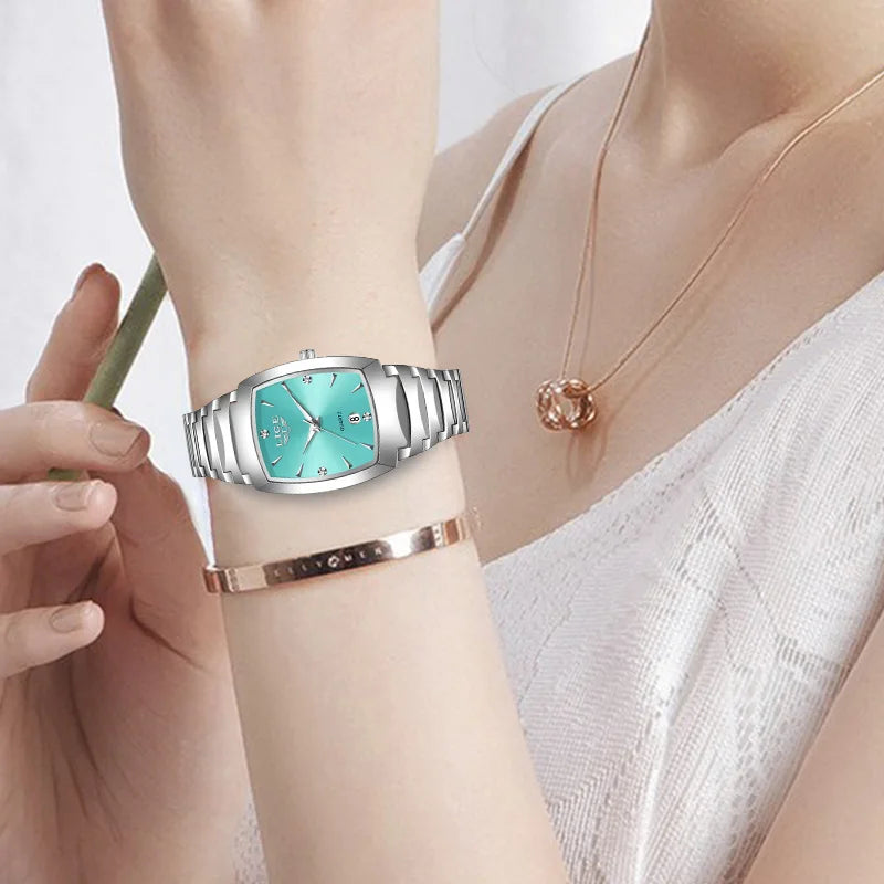 Women's Sculpted Bracelet Tonneau Quartz Watch — Turquoise watch worn on wrist — BandsCo Straps