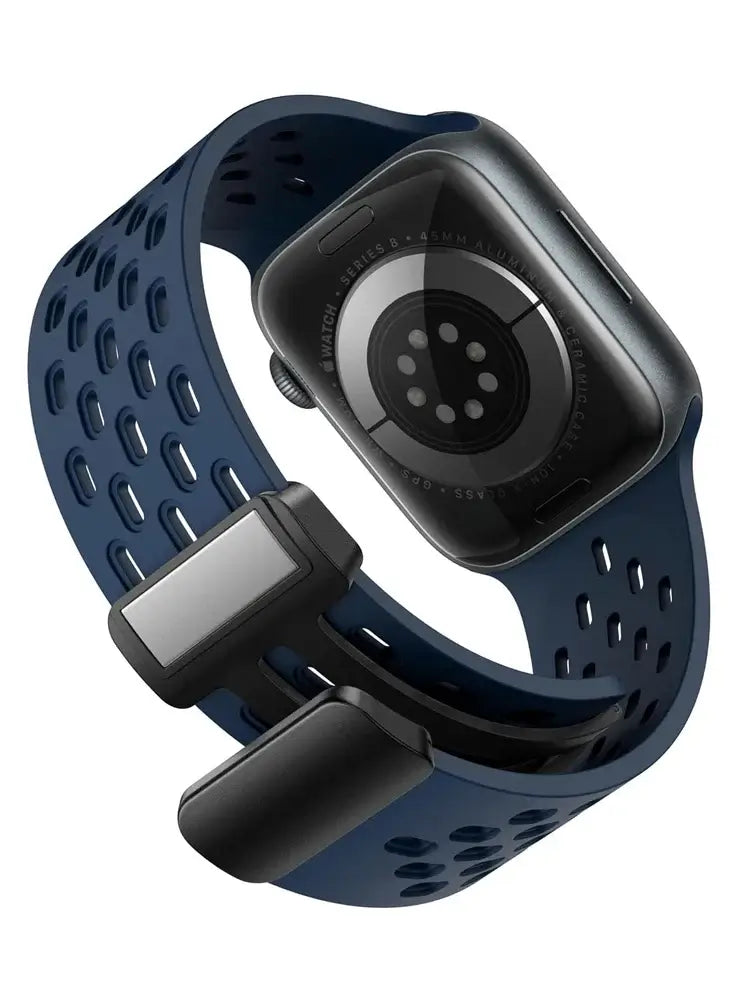 Dark blue perforated silicone Apple Watch band with magnetic clasp