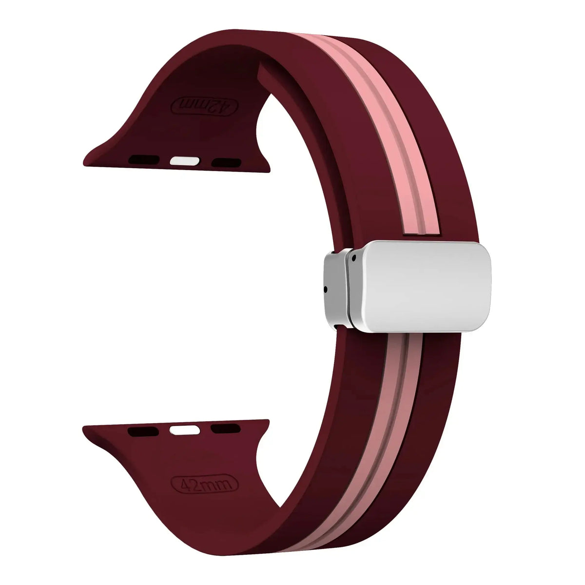 Burgundy / Pink - Silver Clasp striped silicone Apple Watch band with magnetic clasp