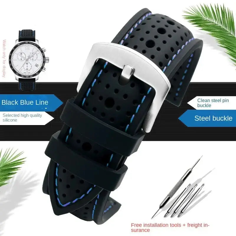 Samsung Galaxy Watch Perforated Stitched Silicone Band in Black / Blue Stitching / Silver Buckle