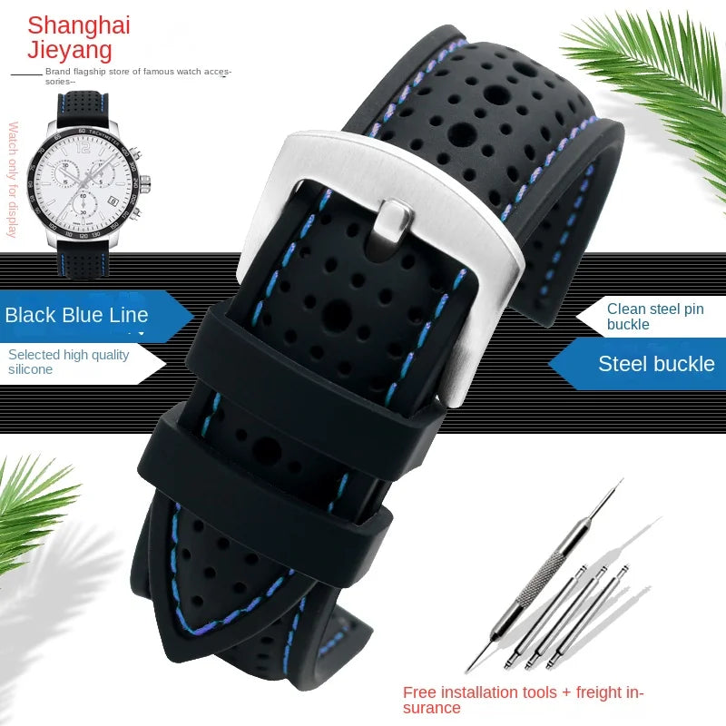 Polar Perforated Silicone Band with Contrast Stitching — Black / Blue Stitching / Silver Buckle
