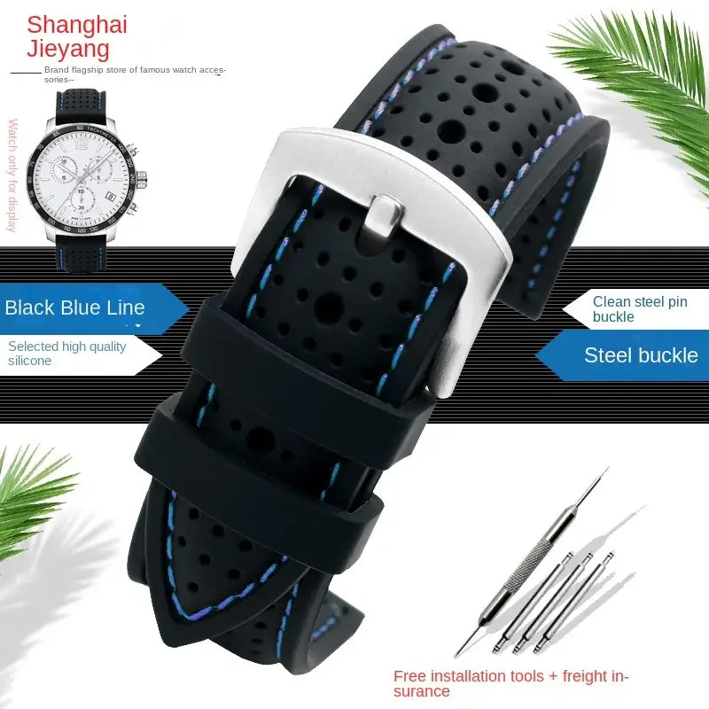 TicWatch Perforated Silicone Band with Stitching - Black / Blue Stitching / Silver Buckle