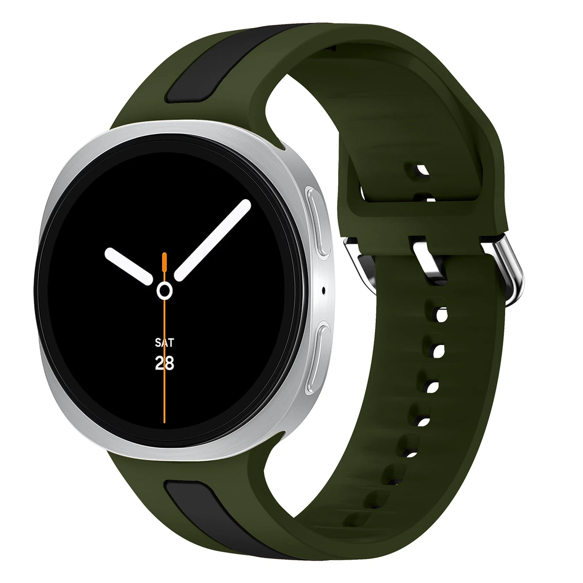 Samsung Galaxy Silicone Two-Tone Sport Watch Band - Watch8/Watch8 Classic/Watch9 in army green and black color.