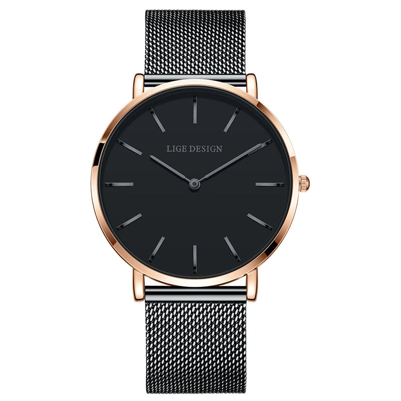 Women's Minimalist Quartz Watch with Stainless Steel Mesh Band — Black Mesh / Rose Gold-Tone Case / Black Dial