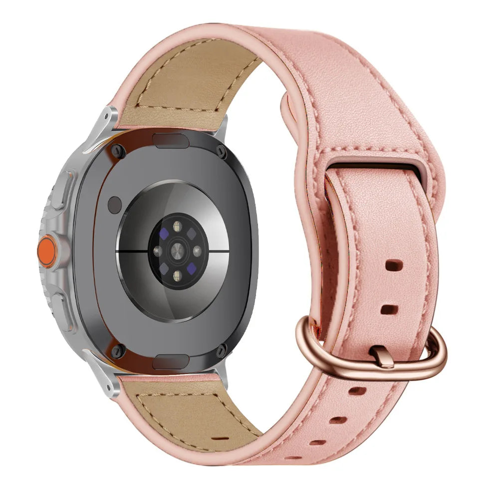 Samsung Galaxy Genuine Leather Watch Band Replacement Watch8/Watch8 Classic/Watch9 in pink color with polished metal pin buckle.