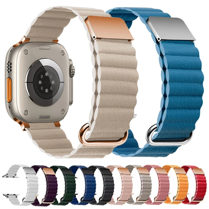 Ivory and blue ribbed leather loops with color previews for Apple Watch